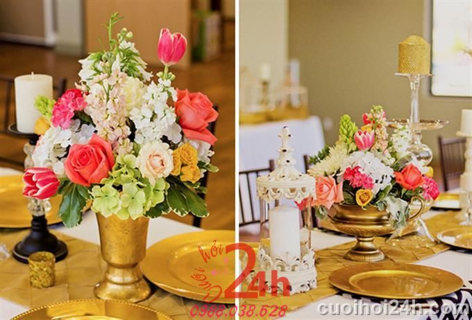 Dịch vụ cưới hỏi 24h trọn vẹn ngày vui chuyên trang trí nhà đám cưới hỏi và nhà hàng tiệc cưới | Hoa để bàn 11